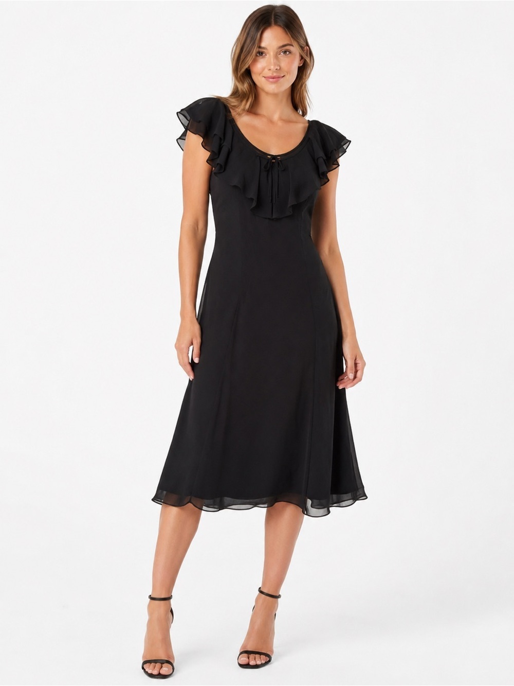 Vintage Laura Ashley 100% Silk Ruffle-Neck Black Midi Dress Sz 6 Classic Chic